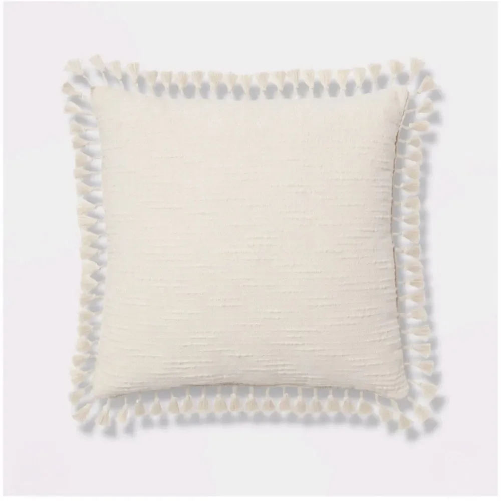 Threshold Euro Textured Slub Tassel fringed edge Decorative Throw Pillow Natural